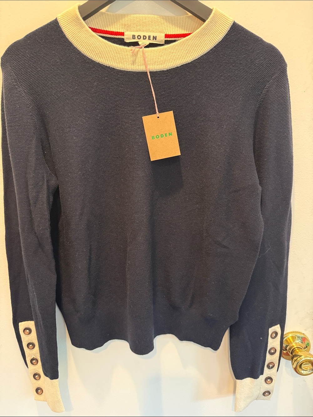 Boden Navy Sweater with Cream Trim and Button Cuffs